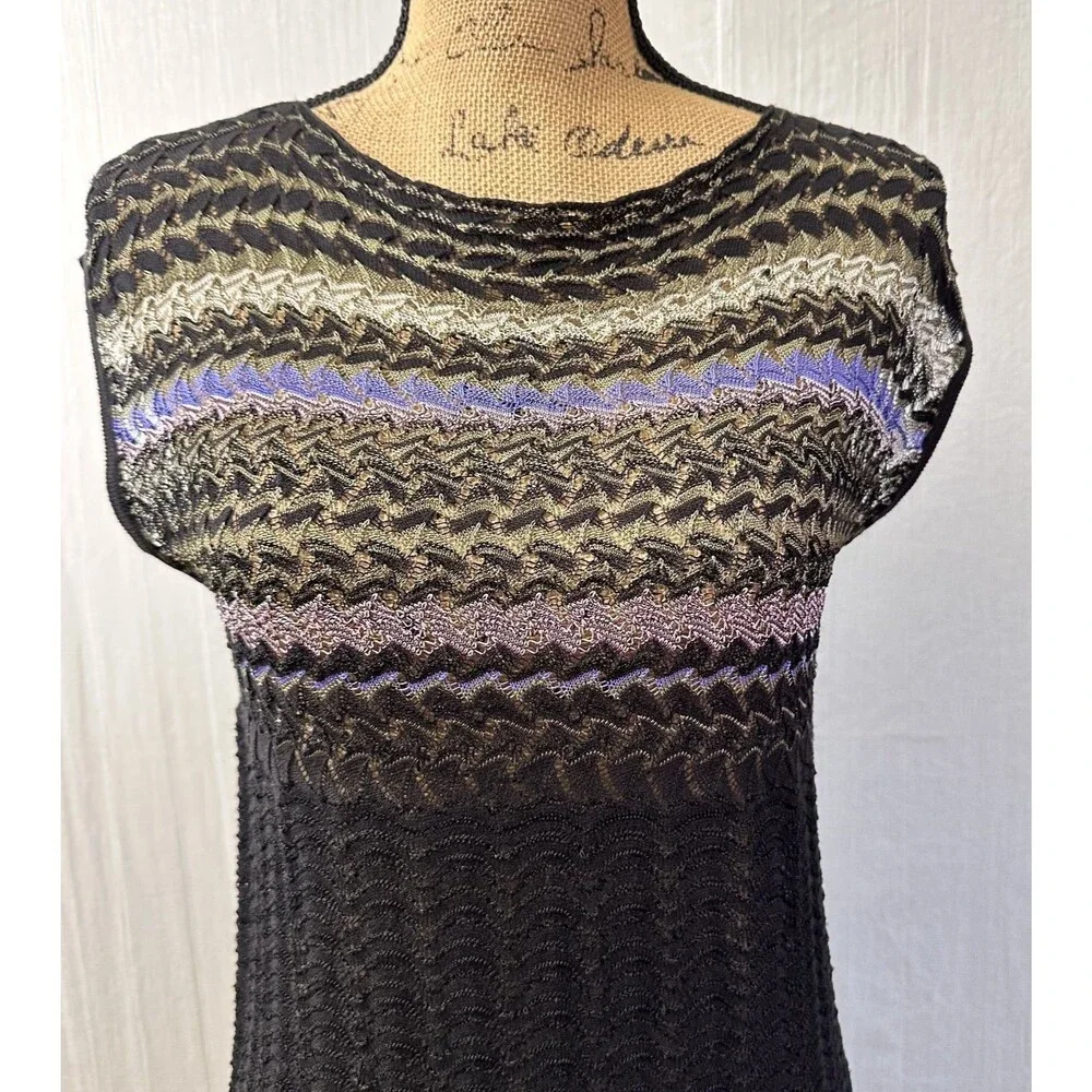 M Missoni Black Striped Zigzag Knit Cap Sleeve Mini Dress/Tunic Top Sz M